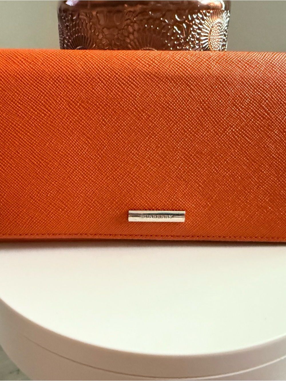 Pre-owned Burberry Orange Textured Leather Continental Wallet